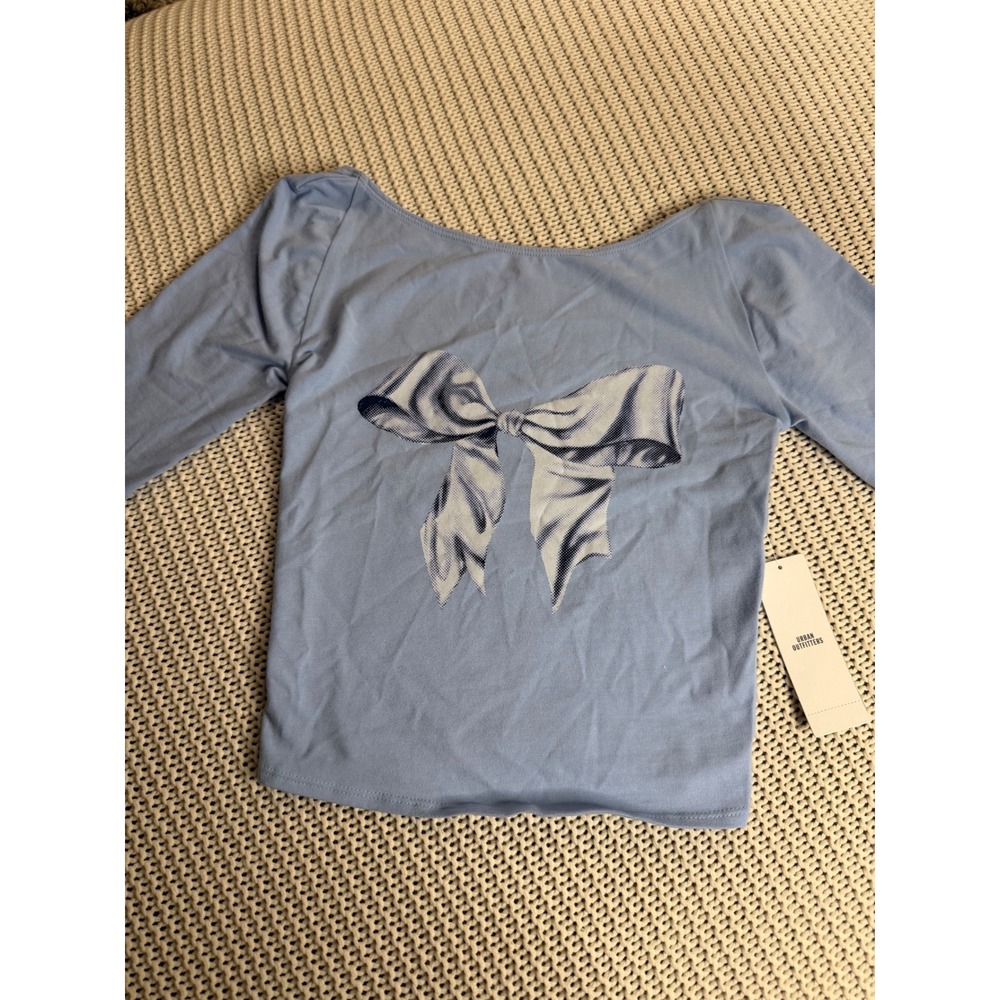 Urban Outfitters Blue Bow Graphic Open Back Long Sleeve Top XS New